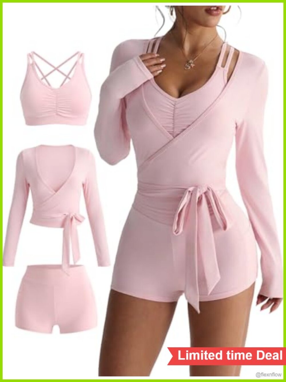 Womens 3 Piece Athletic Set Sports Bra High Waist Biker Shorts Pilates Wrap Tie